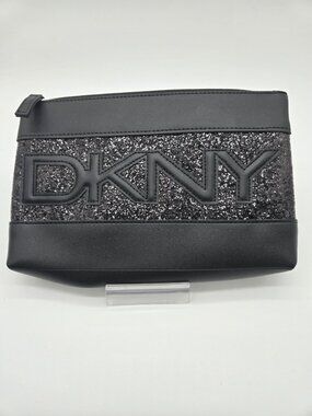 DKNY Glitter Logo Black Pouch With Zipper Closure & Faux Leather Trim